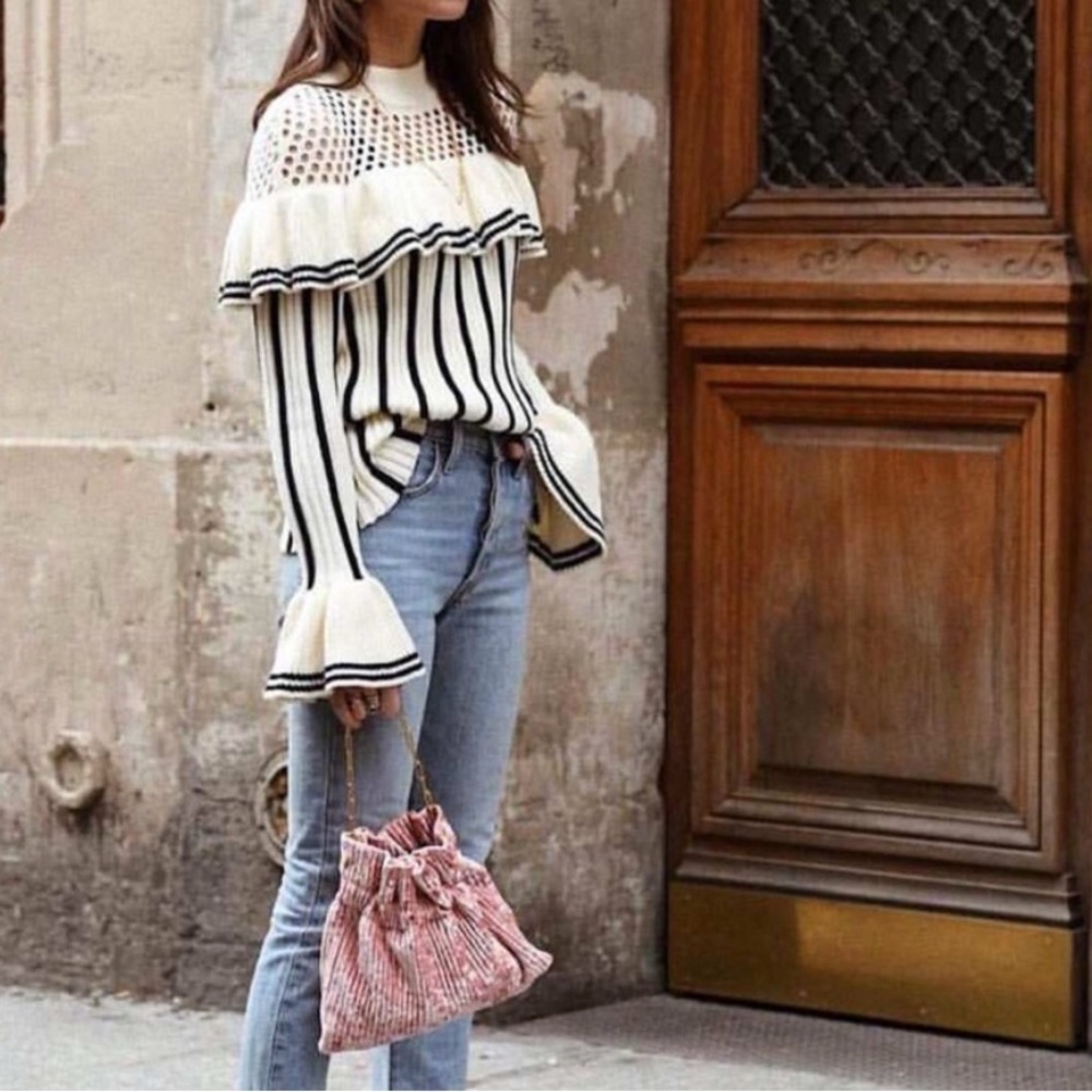 New NWT SELF PORTRAIT ruffle crewneck crewneck stripe knit sweater size small
